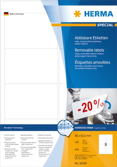 HERMA label afneembaar 96 x 63,5 mm, 800 stuks.