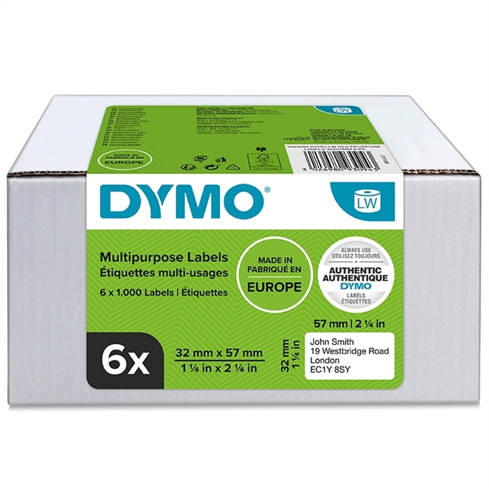 Dymo Label Multi 32 x 57 mm verwijderbare witte mm, 6 x 1000 stuks.