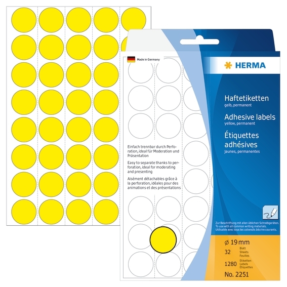 HERMA handmatig etiket ø19 geel mm, 1280 stuks.