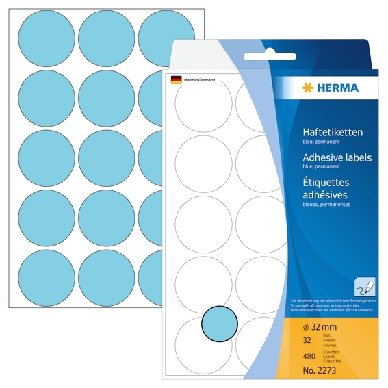 HERMA etiket handmatig ø32 blauw mm, 480 stuks.