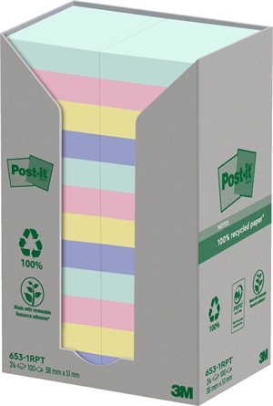 3M Post-it Gerecycled mix kleuren 38 x 51 mm, 100 velletjes - 24 pakketten