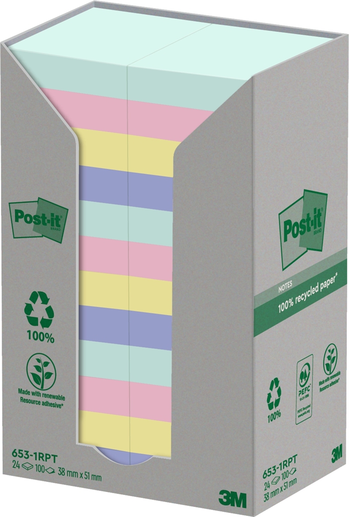 3M Post-it Gerecycled mix kleuren 38 x 51 mm, 100 velletjes - 24 pakketten