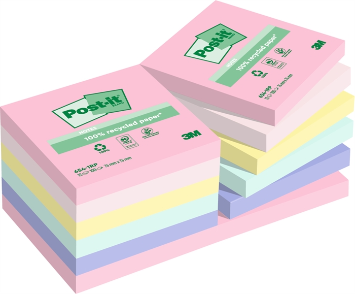 3M Post-it Recycled mix kleuren 76 x 76 mm, 100 vellen - 12 stuks