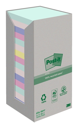 3M Post-it Gerecycleerde mix kleuren 76 x 76 mm, 100 vellen - 16 pack