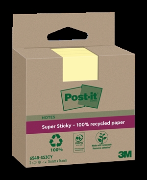 3M Post-it notities super plakkerig Kanariegeel 76 x 76 mm, Gerecycled - 3 stuks