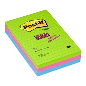 3M Post-it notities super plakkerig 102 x 152 mm, gelinieerd assortiment neon - 3 stuks