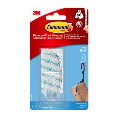 3M Command doorzichtige grote haak 1,8 kg, 1 haak, 2 strips.