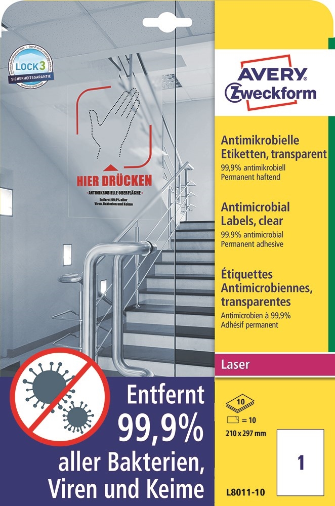 Avery Antimicrobiële etiketten 210 x 297 transparant mm, 10 stuks.