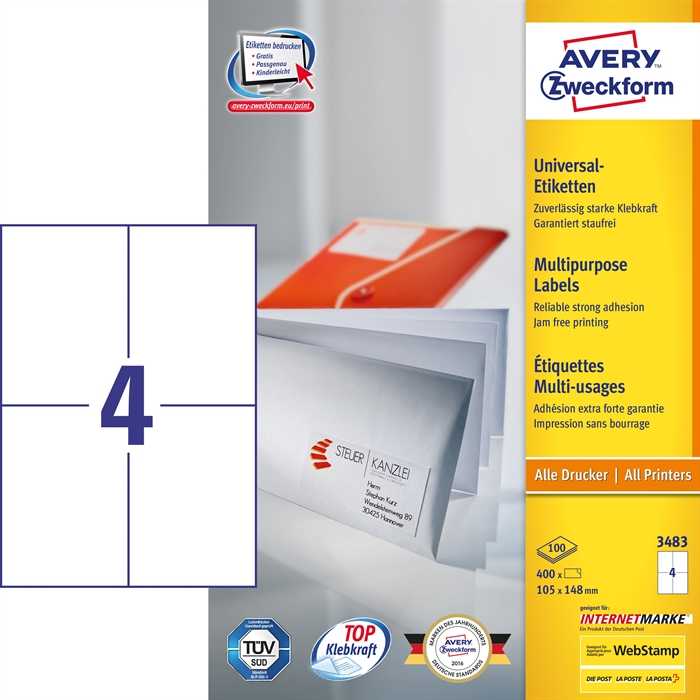 Avery ILC universeel etiket 105 x 148 mm, 400 stuks.