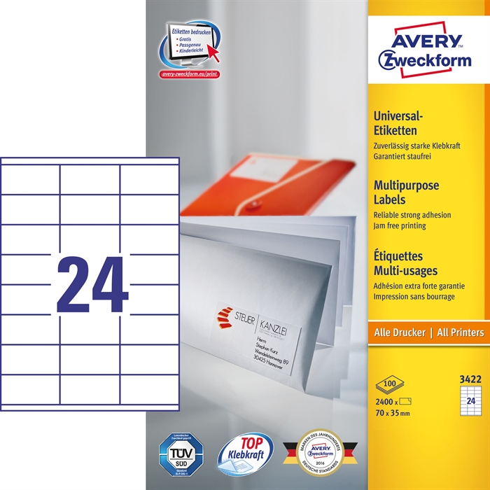 Avery ILC universeel label 70 x 35 mm, 2400 stuks.