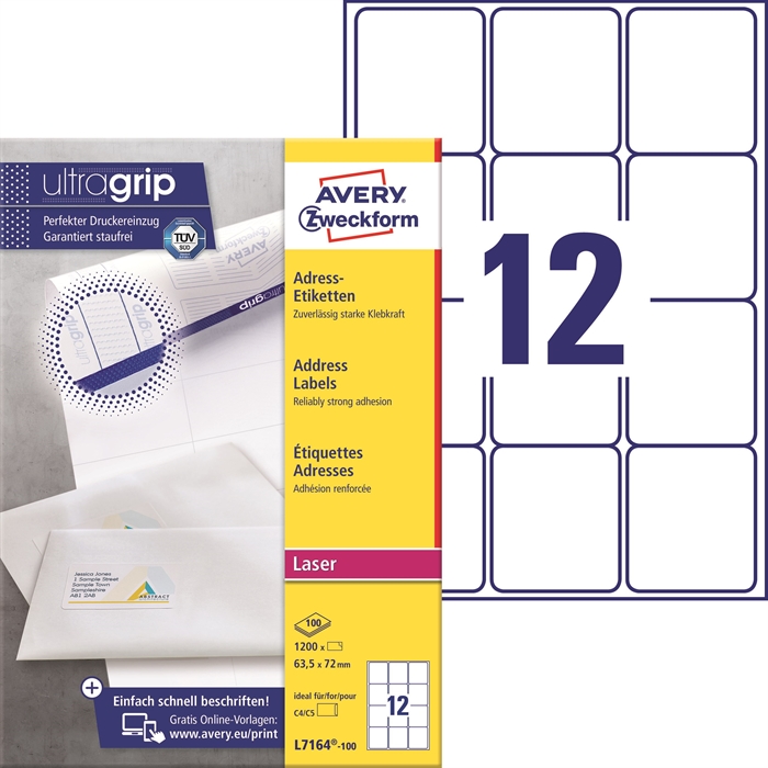 Avery L7164-100 Adresstickers 63.5 x 72 mm QP+UG mm, 1200 stuks.