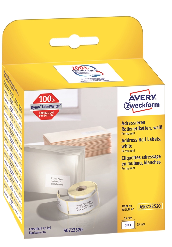 Avery adreslabel op rol 54 x 25 mm, 500 stuks.