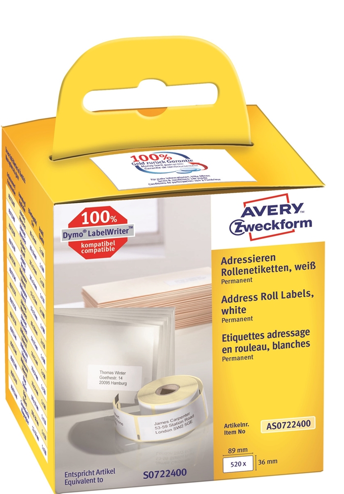 Avery adreslabel op rol 89 x 36 mm, 2 x 260 stuks.