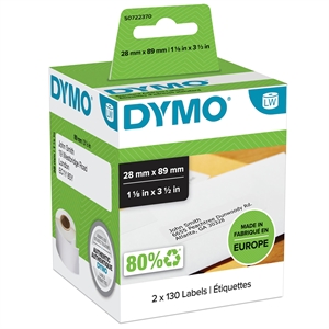 Dymo Label Adressering 28 x 89 permanent wit, 130 etiketten op beide 2 rollen.