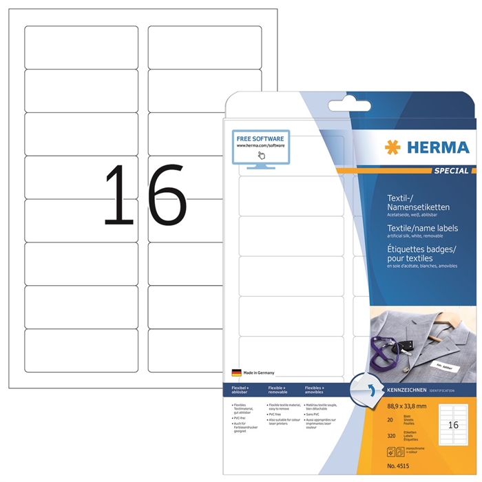 HERMA naam/textiel etiket afneembaar 88,9 x 33,8 wit mm, 320 stuks.