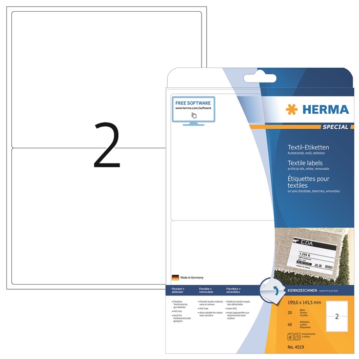 HERMA naam/textiel etiket verwijderbaar 199,6 x 143,5 wit mm, 40 stuks.