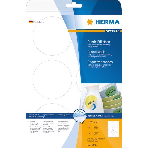 HERMA afneembare etiketten 85 mm diameter, 600 stuks.