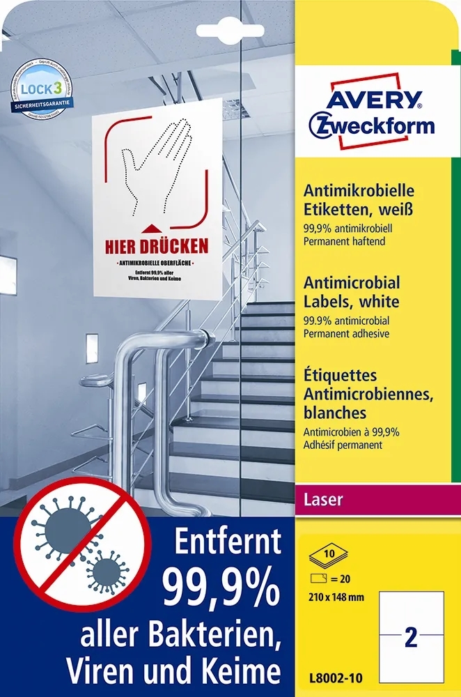 Avery antimicrobiële etiketten 210 x 148 wit mm, 20 stuks.