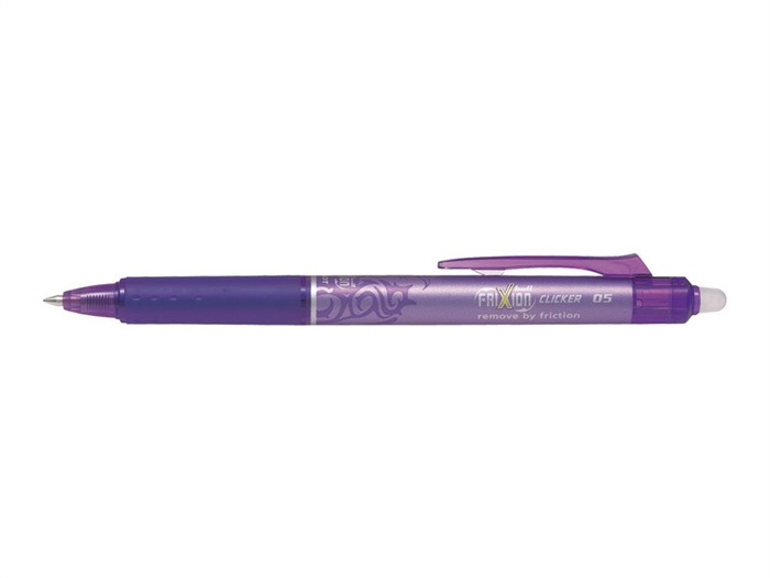 Pilot Frixion Clicker pennen met een klikmechanisme en een punt van 0,5mm in de kleur violet.